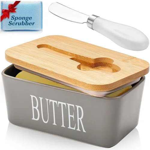 Miniatura 8 de Mantequillera con tapa: recipiente grande para mantequilla para encimera, soporte de mantequilla de cerámica para mostrador, bandeja de mantequilla