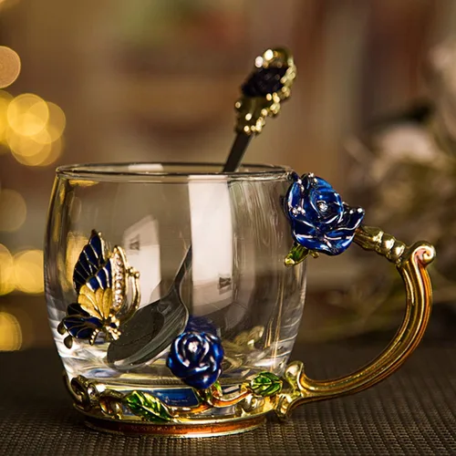 Miniatura 5 de Luka Tech - Tazas de café de vidrio sin plomo con mariposa y flores esmaltadas, taza de té con cuchara de acero, regalos personalizados para Rosa