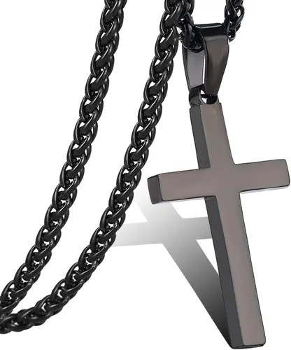 P. BLAKE Collar con colgante de cruz de acero inoxidable para hombres y niños, colgante de cruz cristiana con cadena de 24 pulgadas
