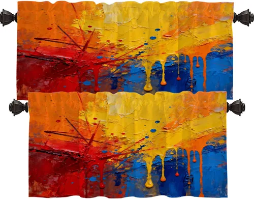 Miniatura 194 de Shrahala Beige and Orange Abstract Art Brushstrokes Blackout Curtain Tiers, Abstract Oil Paint Kitchen Valance Light Blocking Tier Drapes with Rod