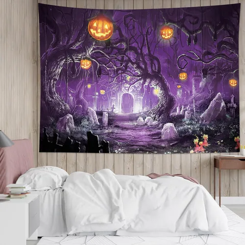 Miniatura 3 de EOBTAIN Tapiz de Halloween espeluznante calabaza y murciélago en árbol muerto en bosque morado de terror, tapiz de pared de cementerio gótico