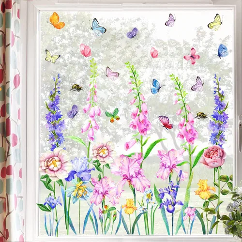 Miniatura 6 de KOKOLAP Adhesivo para ventana de flores de jardín, calcomanías de flores de iris para ventana, calcomanías de vinilo para pared de hojas verdes