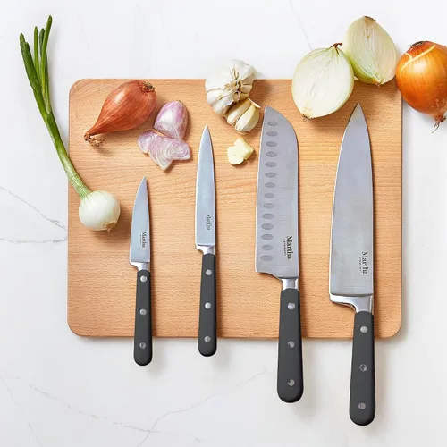 Miniatura 7 de Martha Stewart Eastwalk Juego de 14 cuchillos de acero inoxidable de alto carbono con mango forjado remachado triple de ABS, bloque de madera de Gris