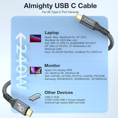 Miniatura 8 de ULT-WIIQ Cable USB4 - Thunderbolt 4, transferencia de datos de 40 Gbps, 240 W PD, 3.1 USB C a C, carga rápida, 8K/6K @60Hz, compatible con iPhone 15