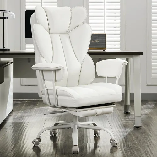 Miniatura 8 de Silla de oficina grande y alta, silla de juegos de cuero con respaldo alto y reposapiés, soporte lumbar, reposabrazos suaves fijos hacia afuera