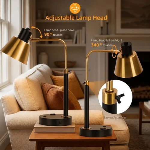 Miniatura 4 de Lámpara de escritorio con USB-C, USB-A y toma de CA, lámpara de escritorio de metal ajustable con cabezal giratorio de 340°, lámpara de mesa