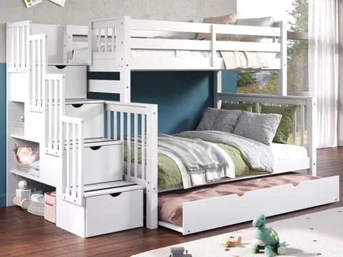 Bedz King BK961-Honey-Trundle-p - Litera con cama nido individual, con 4 cajones en los peldaños Blanco