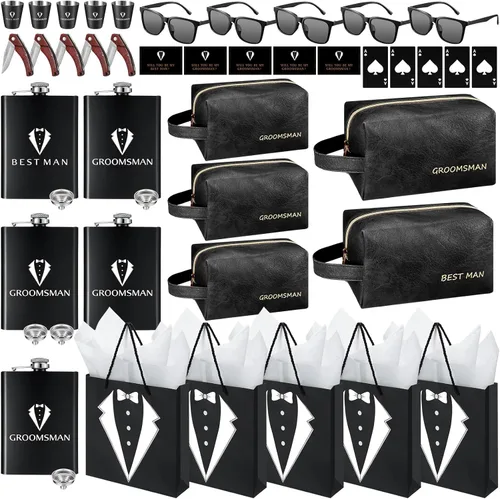 Miniatura 12 de 20 piezas de regalos para padrinos de novio, caja de propuesta con matracas, gafas de sol, bolsa de aseo de cuero PU, abridor de botellas