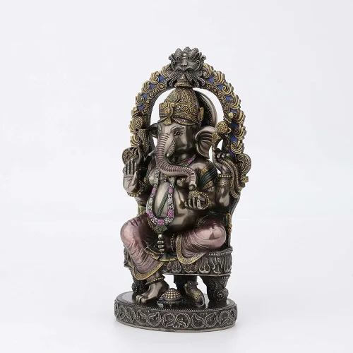 Miniatura 2 de Veronese Design 10 1/4 pulgadas de alto Lord Ganesha sentado en el trono con arco del templo elefante hindú Dios Fortuna Estatua de resina bronceada