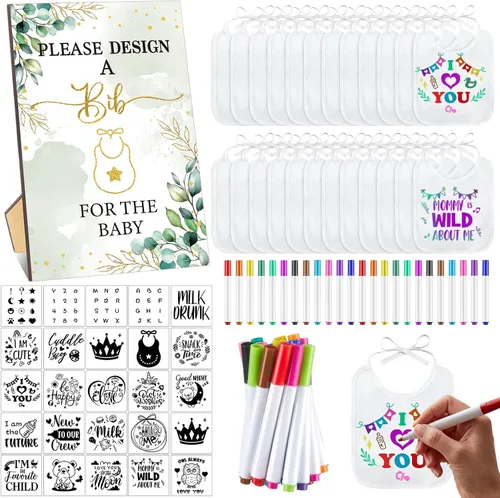 Miniatura 15 de Panitay Kit de decoración de 100 baberos para bebé, 50 baberos blancos, 25 plantillas, 24 marcadores de tela, 1 letrero de juego para baby shower