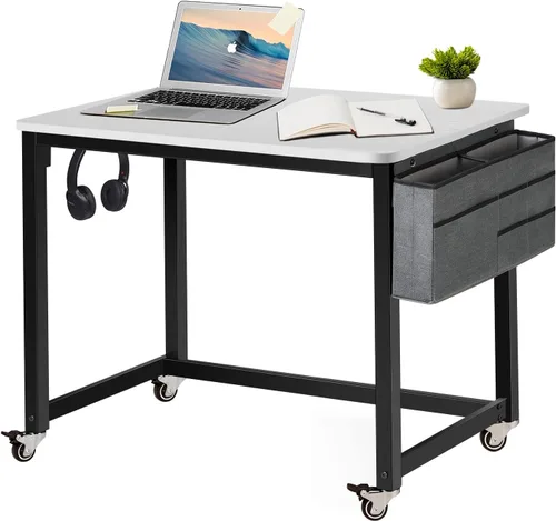 Miniatura 10 de AHB Escritorio para computadora con 4 ruedas lisas, escritorio móvil de estilo simple, mesa de estudio para oficina en casa, estación de trabajo