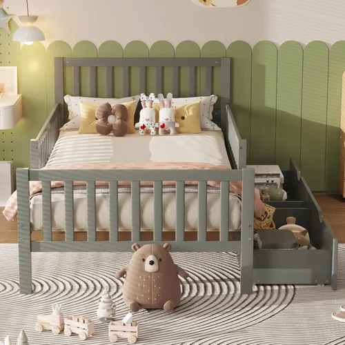 Miniatura 2 de Bellemave Base de cama individual para niños con vallas y 2 cajones, plataforma de madera tamaño individual con barandillas en ambos lados