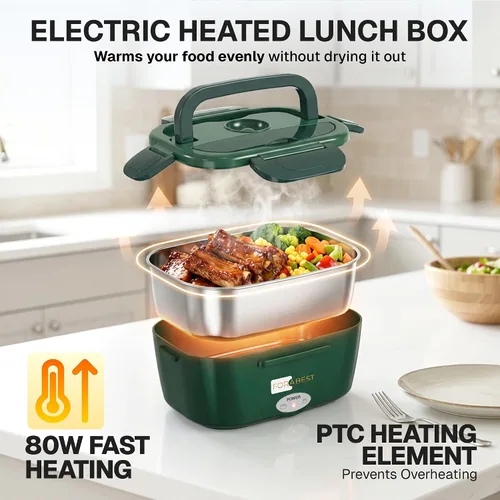 Miniatura 2 de FORABEST Lonchera térmica – Fiambrera eléctrica de 80 W – Calentador de alimentos portátil con 2 recipientes de acero inoxidable de 1.5 L, bolsa