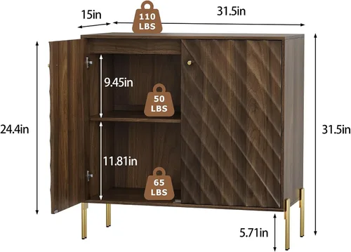 Miniatura 2 de Buffet de comedor moderno de mediados de siglo de 32 pulgadas con almacenamiento, aparador de buffet con diseño de ondas diagonales, mesa