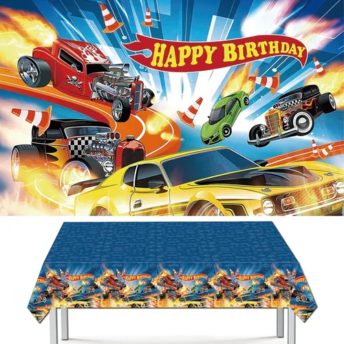 Decoraciones de fiesta de coche de carreras calientes | Juego de suministros de cumpleaños con cubierta de mesa de plástico (42.5 x 70.8 pulgadas) y