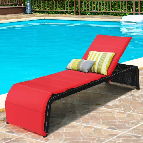 Miniatura 4 de COSTWAY 2 PCS Patio Ratán Sillón Sillón Reclinable Respaldo Ajustable Acolchado Rojo