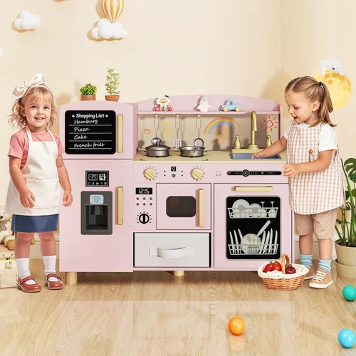 Miniatura 7 de INFANS Juego de cocina para niños, juego de juguetes de cocina de madera para niños pequeños con tablero de dibujo acrílico, máquina de hielo, Rosa