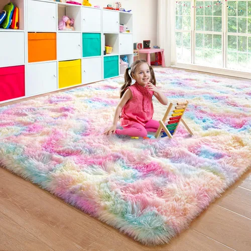 Miniatura 33 de JUNOVO - Alfombra de área lavable, antideslizante, alfombras ultra suaves de 4 x 5.3 pies, alfombras esponjosas para dormitorio, niños, niñas, Azul