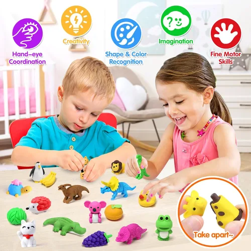 Miniatura 5 de Arscniek Paquete de 40 gomas de borrar 3D para rompecabezas de animales y alimentos para niños, gomas de borrar de lápiz mini desmontables