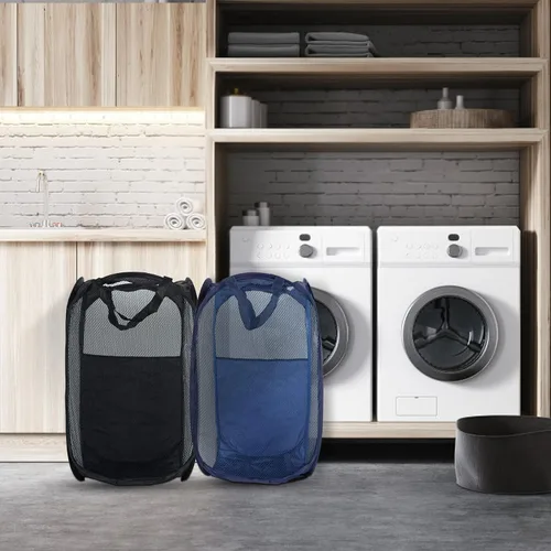 Miniatura 9 de Paquete de 2 cestas de almacenamiento y lavandería desplegables de malla, portátil, asas duraderas, plegables para almacenamiento y fácil de abrir