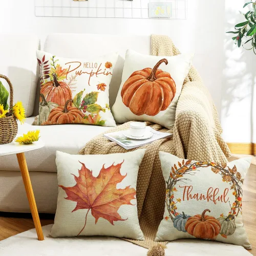 Miniatura 2 de Fundas de almohada de otoño con diseño de calabaza y hojas de arce naranja para el hogar, 18 x 18 pulgadas, decoración de agradecimientos bendecidos