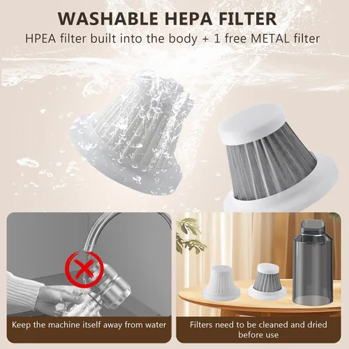 Miniatura 5 de Aspiradora de mano inalámbrica para automóvil, succión fuerte de 22000 Pa con motor sin escobillas, filtro HEPA, filtro de metal lavable adicional