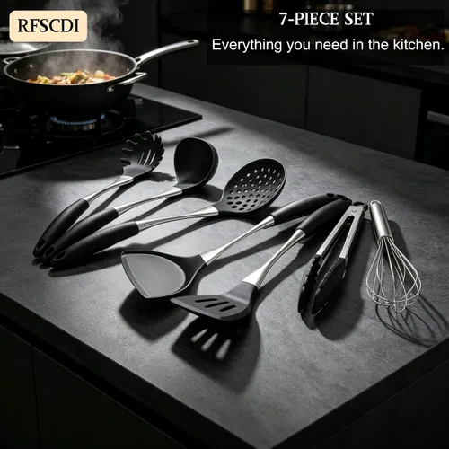 Miniatura 5 de Juego de utensilios de cocina de silicona negra de alta calidad, no tóxicos, resistentes al calor y antiadherentes, con espátula, cuchara, batidor