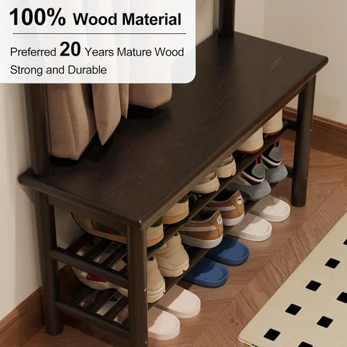 Miniatura 4 de AQIMUELE Perchero con almacenamiento de zapatos, árbol de pasillo de madera con banco, 11 ganchos y estantes de almacenamiento de 2 niveles, 3 en 1