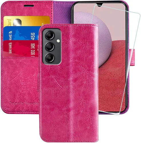 MONASAY Funda tipo cartera compatible con Galaxy A14 5G, protector de pantalla de vidrio incluido, bloqueo RFID, funda de piel con tarjetero y