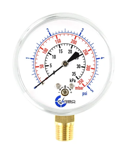 Medidor de cápsula de baja presión de diafragma, esfera de 2-1/2", rango de 5 PSI, montaje inferior NPT de 1/4", caja de acero cromado, internos de