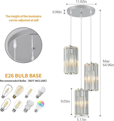 Miniatura 4 de Iluminación colgante cromada, lámpara colgante moderna, mini candelabros de cristal, lámpara colgante ajustable para cocina, isla, comedor, pasillo