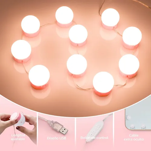 Miniatura 6 de Consciot Luces LED para espejo de tocador, luz de tocador estilo Hollywood con 10 focos regulables, color y brillo ajustables, cable USB, luces