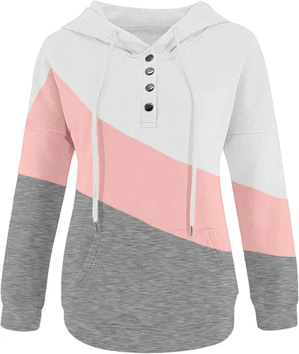 Miniatura 6 de Sudaderas con capucha de moda con bloques de color para mujer sueltas casuales con botones manga larga con cordón con bolsillo