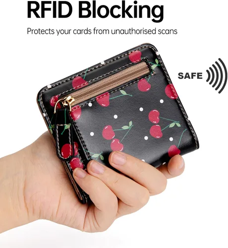 Miniatura 3 de Walle Rfid - Cartera pequeña y compacta con bolsillo plegable para mujer, minicarjetero de viaje con ventana de identificación, Cereza Negra, Lindo