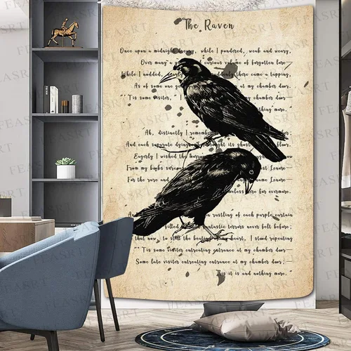 Miniatura 4 de FEASRT Tapiz gótico de calavera y cuervo, tapiz de pared The Raven Edgar Allan Poe, póster rústico de 51 x 60 pulgadas para sala de estar