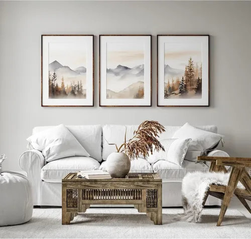 Miniatura 5 de Decoración de pared de montaña neutral Arte de pared de set de 3 lienzos de bosque Arte de pared de paisajes Arte de pared moderno Cuadros