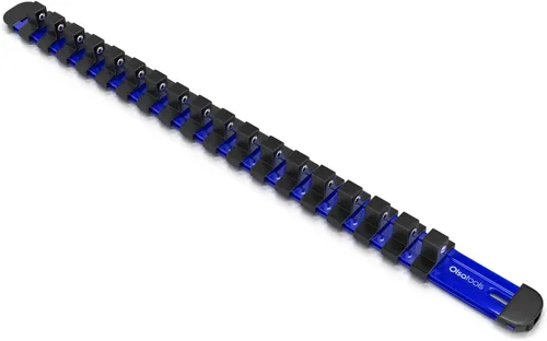 Olsa Tools - Organizador de llaves de vaso de aluminio con tapas de extremo con candado - Accionamiento de 3/8 pulgadas - Raíles de soporte de Azul