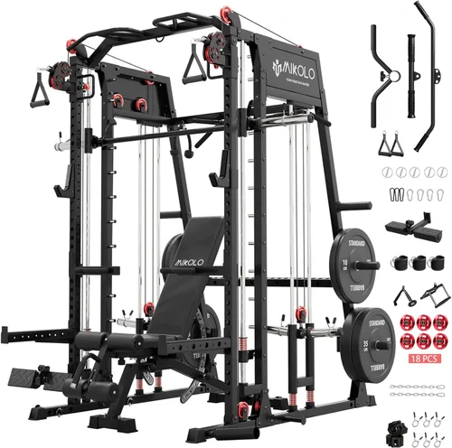 Miniatura 18 de Máquina de Smith Mikolo, banco de sentadillas de 2200lbs con sistema de tracción LAT y máquina de cruce de cables, equipo de entrenamiento con Rojo