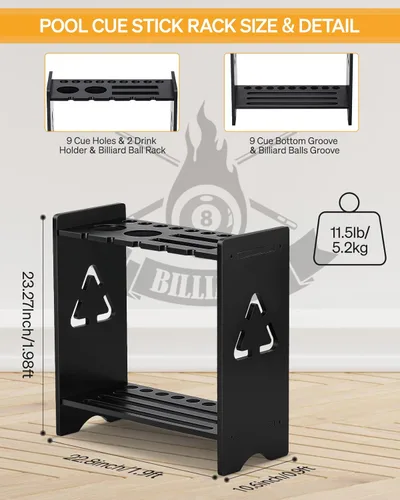 Miniatura 3 de Soporte para tacos de billar - Soporte de pie para mesa de billar de madera maciza de roble con capacidad para 9 tacos y organizador de accesorios