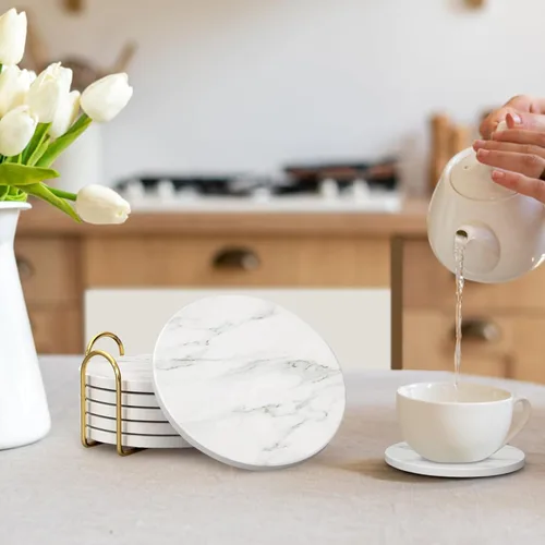 Miniatura 7 de Juego de 6 posavasos de mármol blanco – Posavasos redondos absorbentes de cerámica con soporte para salón, bar, café, taza, mesa, escritorio