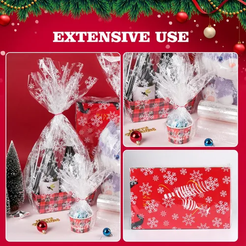 Miniatura 5 de Kolewo4ever Rollo de papel de envoltura de celofán de Navidad de 100 pies x 32 pulgadas, papel de regalo transparente con copos de nieve, bolsas