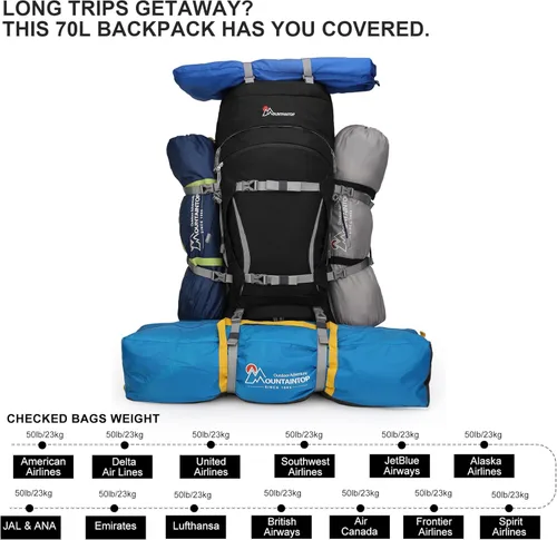 Miniatura 10 de MOUNTAINTOP 70L - Mochila con marco interno para camping, senderismo, mochila para hombres y mujeres con cubierta de lluvia