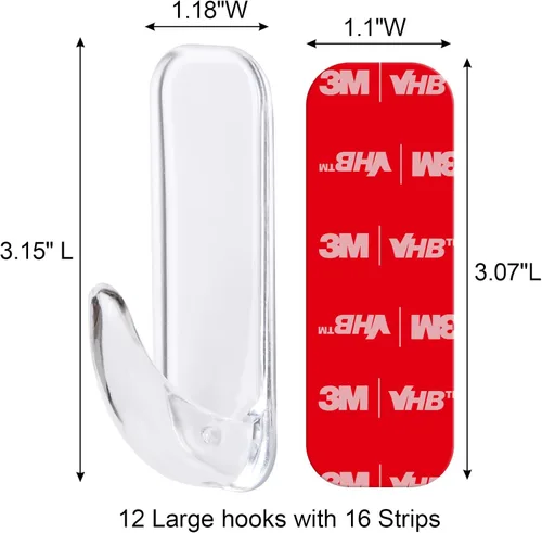 Miniatura 2 de Ganchos de pared para colgar de servicio pesado, 12 grandes autoadhesivos de pared con 16 tiras sin daño, adhesivo transparente para llaves, ducha