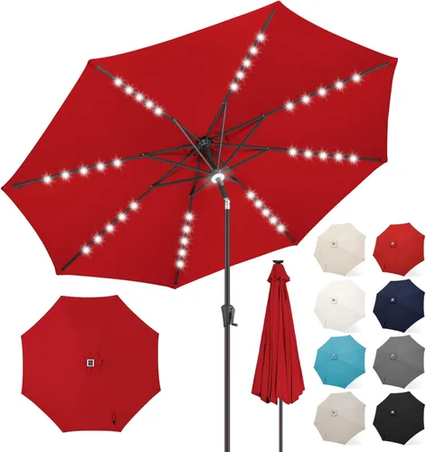 Miniatura 15 de FLAME&SHADE Sombrilla de patio con luz solar de 7.5 pies, 24 luces LED, sombrilla para exteriores con luz envolvente central, sombrilla de mesa