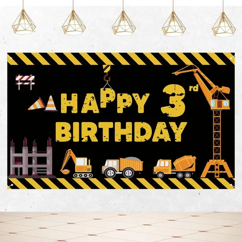 Joyiou Cartel de fondo de decoración de feliz tercer cumpleaños con tema de construcción para niños y niños, tres años de edad, camión volquete
