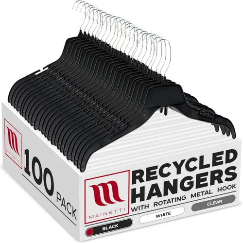 Mainetti 484 - Ganchos de plástico negro reciclado - 100 unidades con gancho giratorio de metal y muescas para tirantes, ideal para camisas, blusas