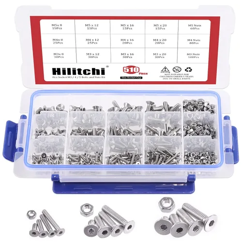 Miniatura 9 de Hilitchi Juego de 510 tornillos de cabeza hexagonal de acero inoxidable M3 M4 M5, cabeza de botón, tornillos y tuercas, acero inoxidable 304