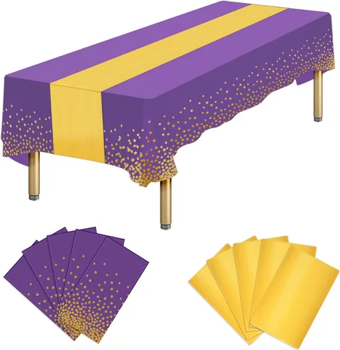 Miniatura 20 de Paquete de 10 manteles rectangulares de plástico y camino de mesa de satén, mantel desechable negro rectangular y dorado para cumpleaños