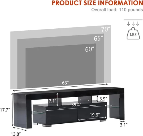 Miniatura 2 de Nrizc Soporte de TV LED negro para TV de 75 pulgadas, centro de entretenimiento de TV de alto brillo con cajón de almacenamiento, mesa consola de TV