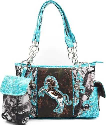 Miniatura 2 de Camuflaje Estilo Occidental Totes Bolso Floral Tachonado Bolso de Cuero Tooled Bolso de Cuero de las Mujeres del País Bolsa de Hombro Cremallera